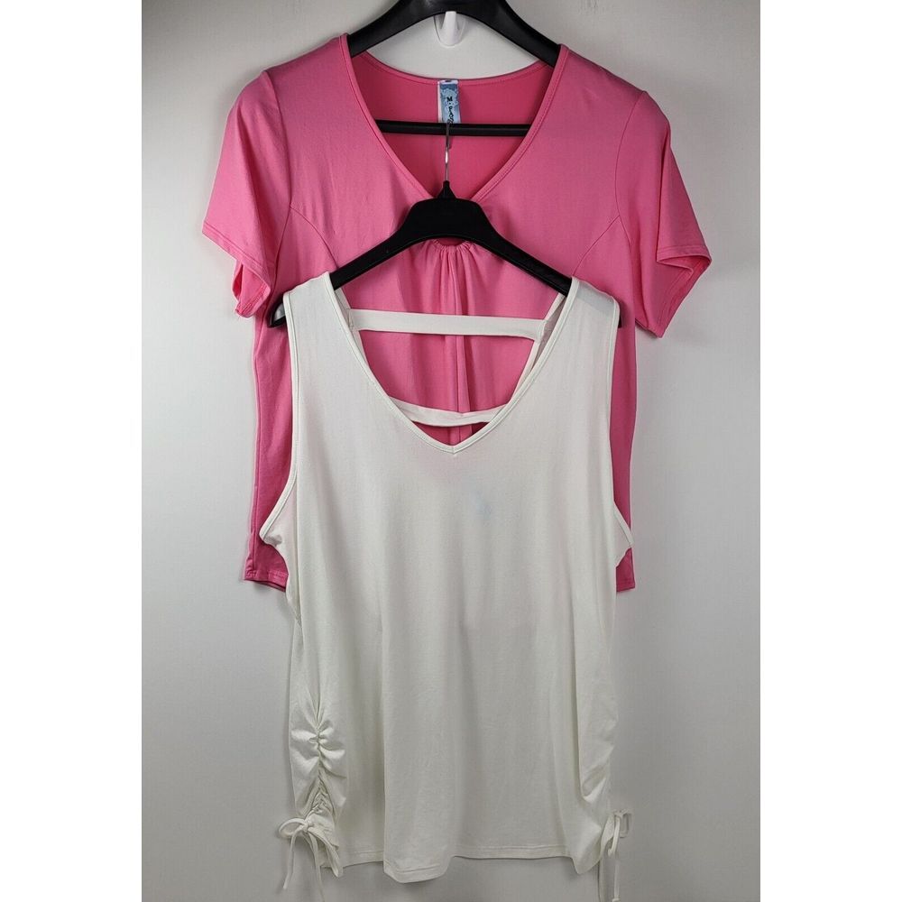 Womens 2X M. FASIS Short Sleeve Pink O Ring Neckline &‎ White Tank Top